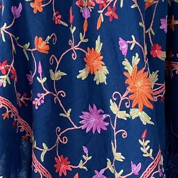 Navy one size embroidered poncho shawl with fringe. 0610 - Picture 6 of 7